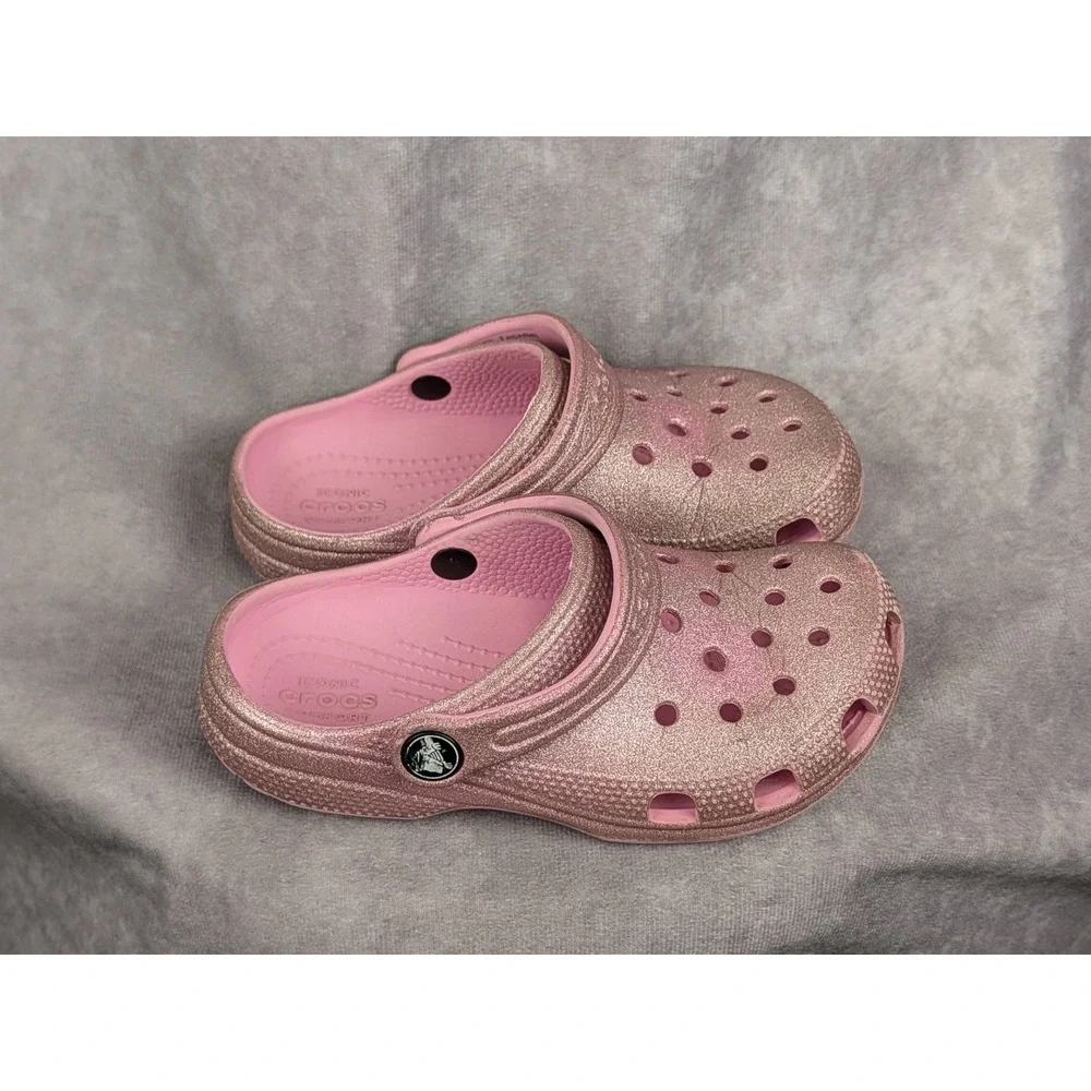 Crocs Kids Classic Glitter Clog Pink Sparkle Slip On‎ Shoes Size C12
